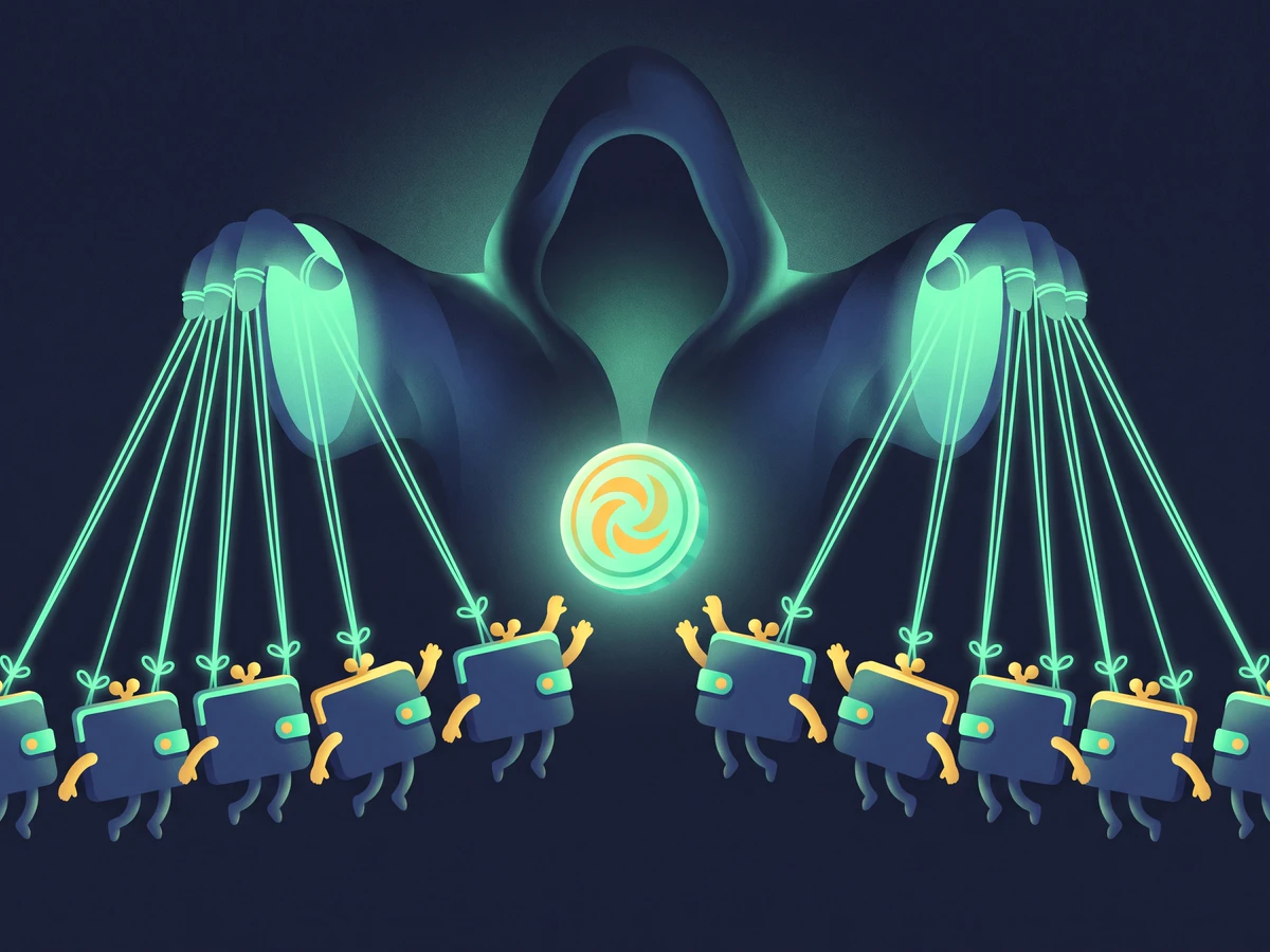 Illustration of several wallets controlled by one person buying a new coin at the same moment