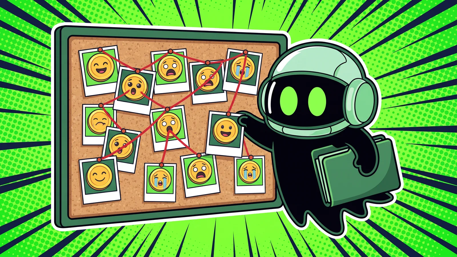 The ghost pins one more coin photo onto a cork evidence board of happy, shocked and crying coin photos linked by red string, hugging a fat green case folder under his other arm.