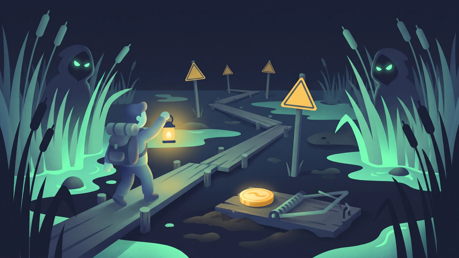 The explorer walks a narrow plank path through a dark marsh past yellow warning signs, toward a gold coin set as bait on a mousetrap, while hooded figures watch from the reeds.