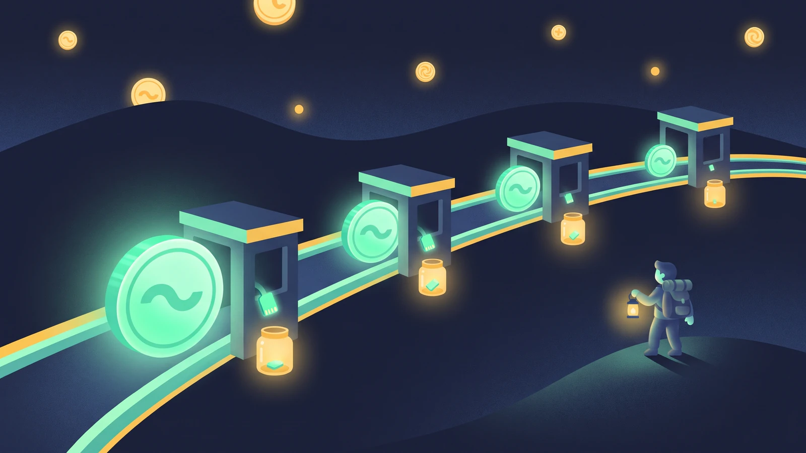 A glowing coin travels along a track through four small toll booths; at each one a small chip drops into a jar and the coin gets smaller, while the explorer watches from a hill.