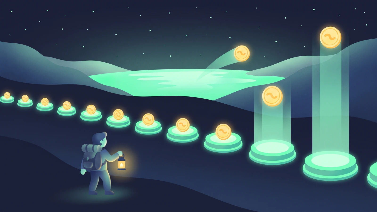 A launch platform with new coins lifting off along a rising curve