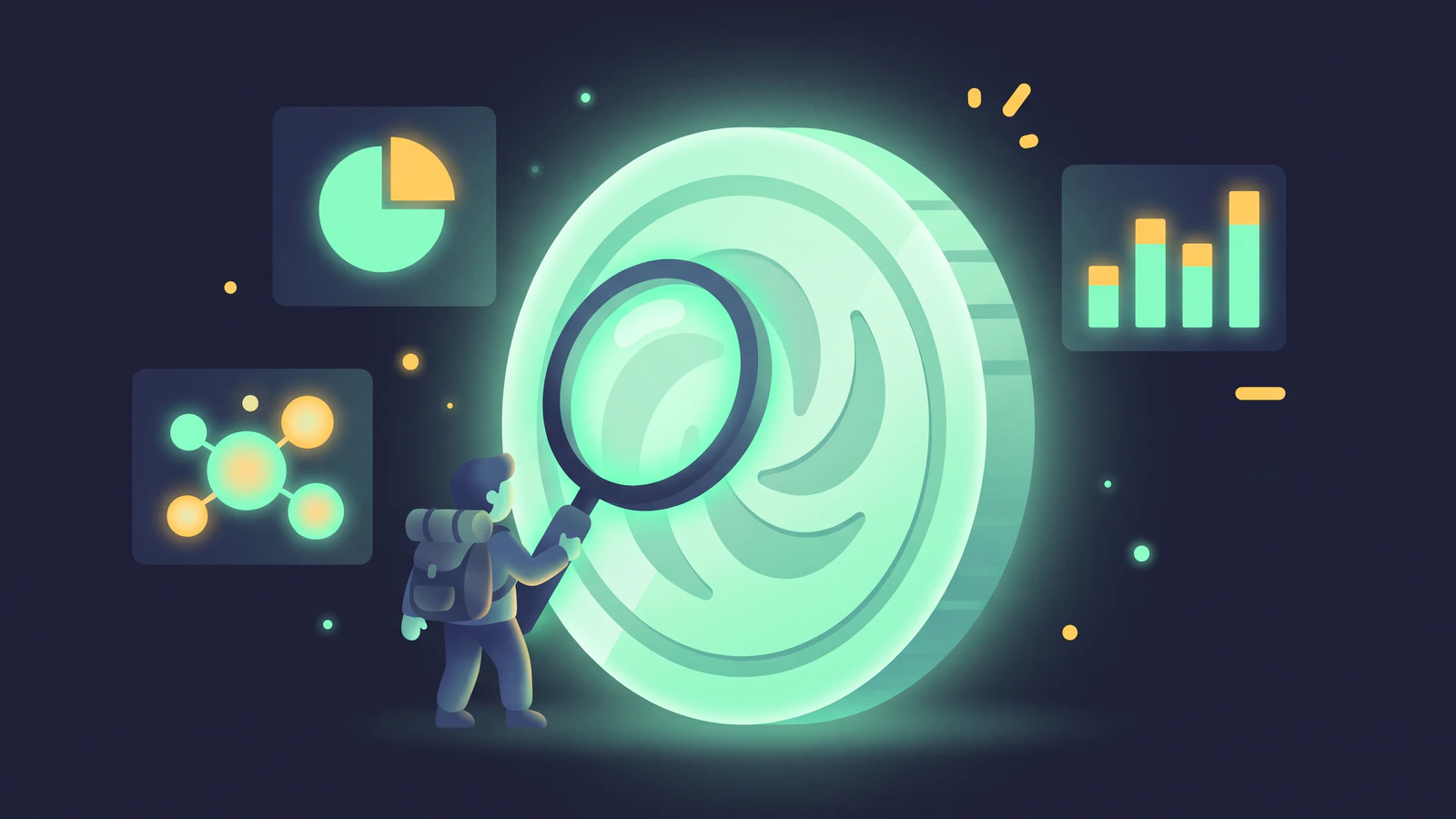 A trader studying a memecoin chart with a magnifying glass over the holder list