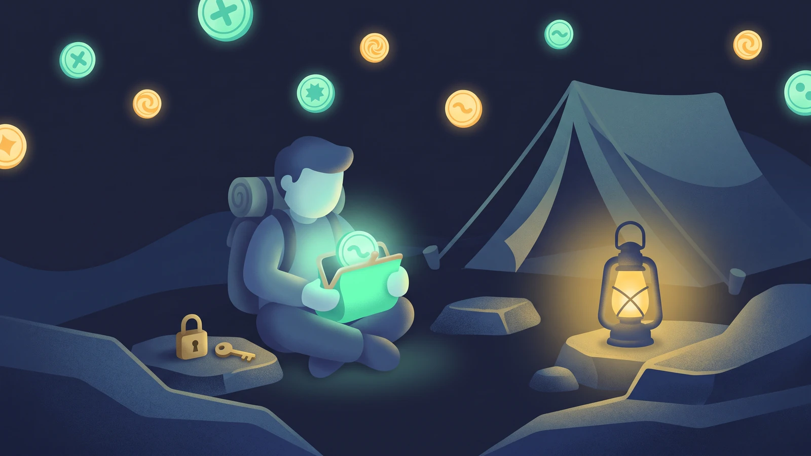 The explorer sits cross-legged at a night campsite opening a glowing wallet pouch with a coin inside, a padlock and a key on a rock nearby and a lantern lighting the tent.