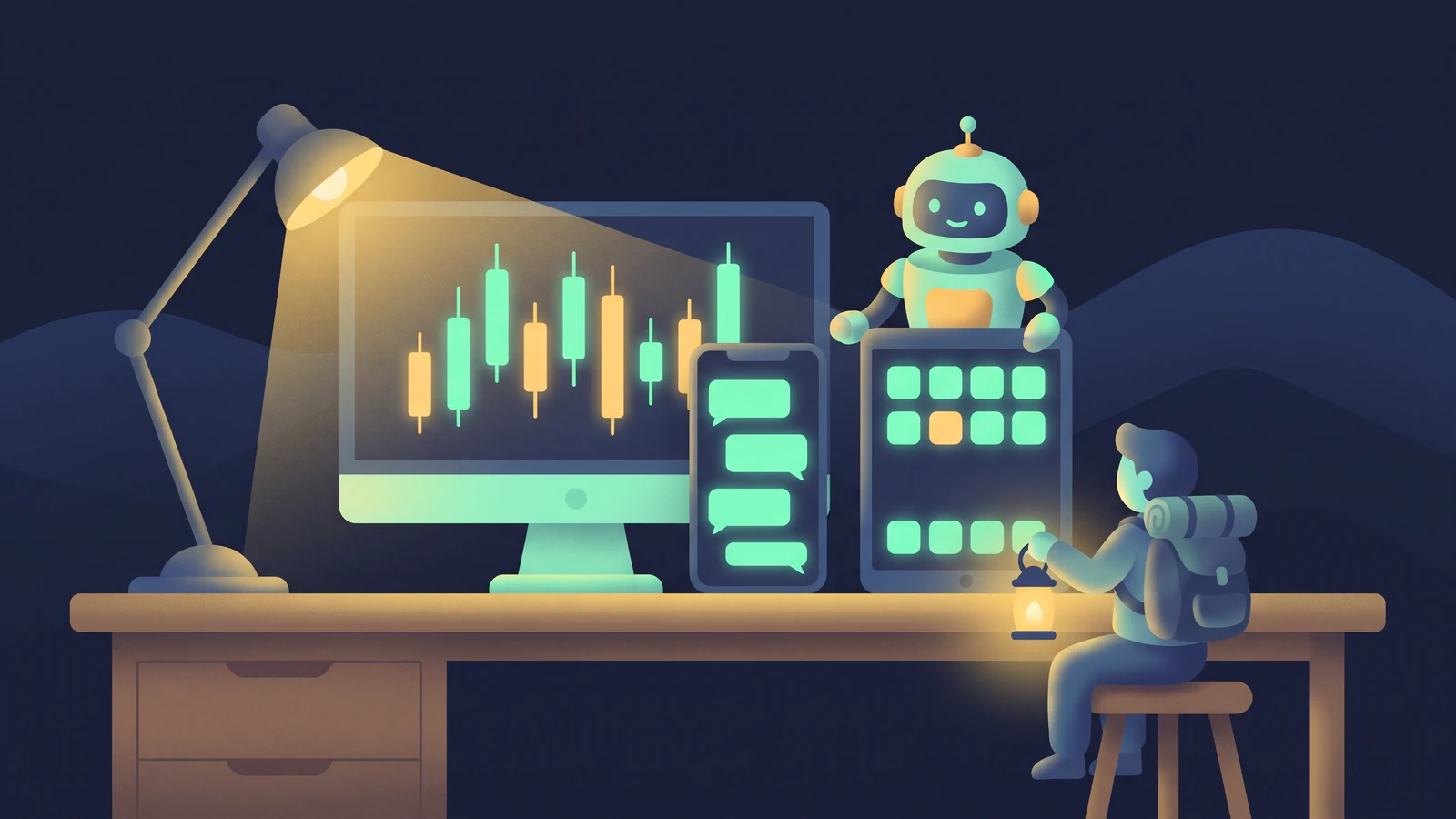 A desk at night with a monitor showing candle bars, a phone showing chat bubbles and a tablet with app tiles; a friendly robot leans on the tablet and the explorer sits on a stool comparing them.