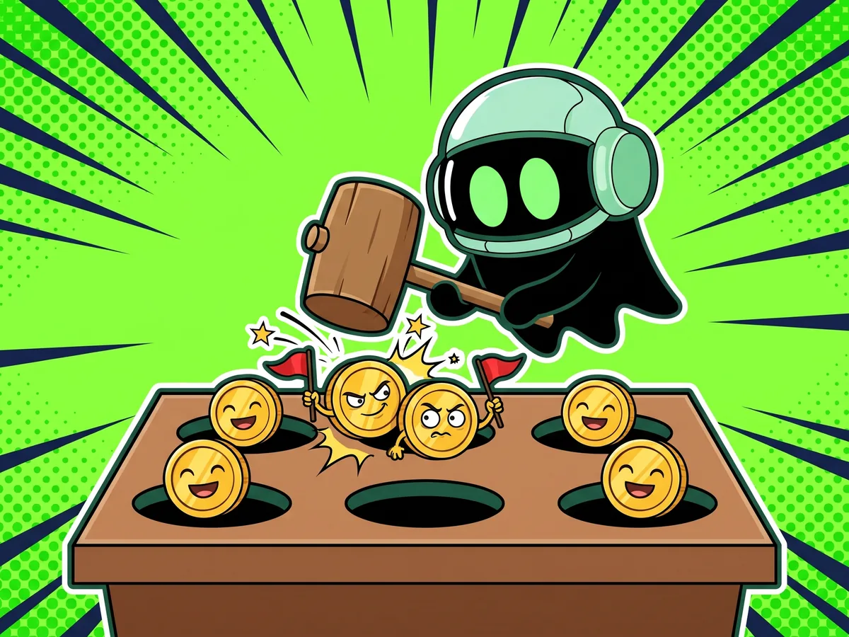 At a whack-a-mole table the ghost brings a big wooden mallet down on a sneaky coin waving a red flag, while a second red-flag coin looks worried and the smiling coins without flags are left alone.