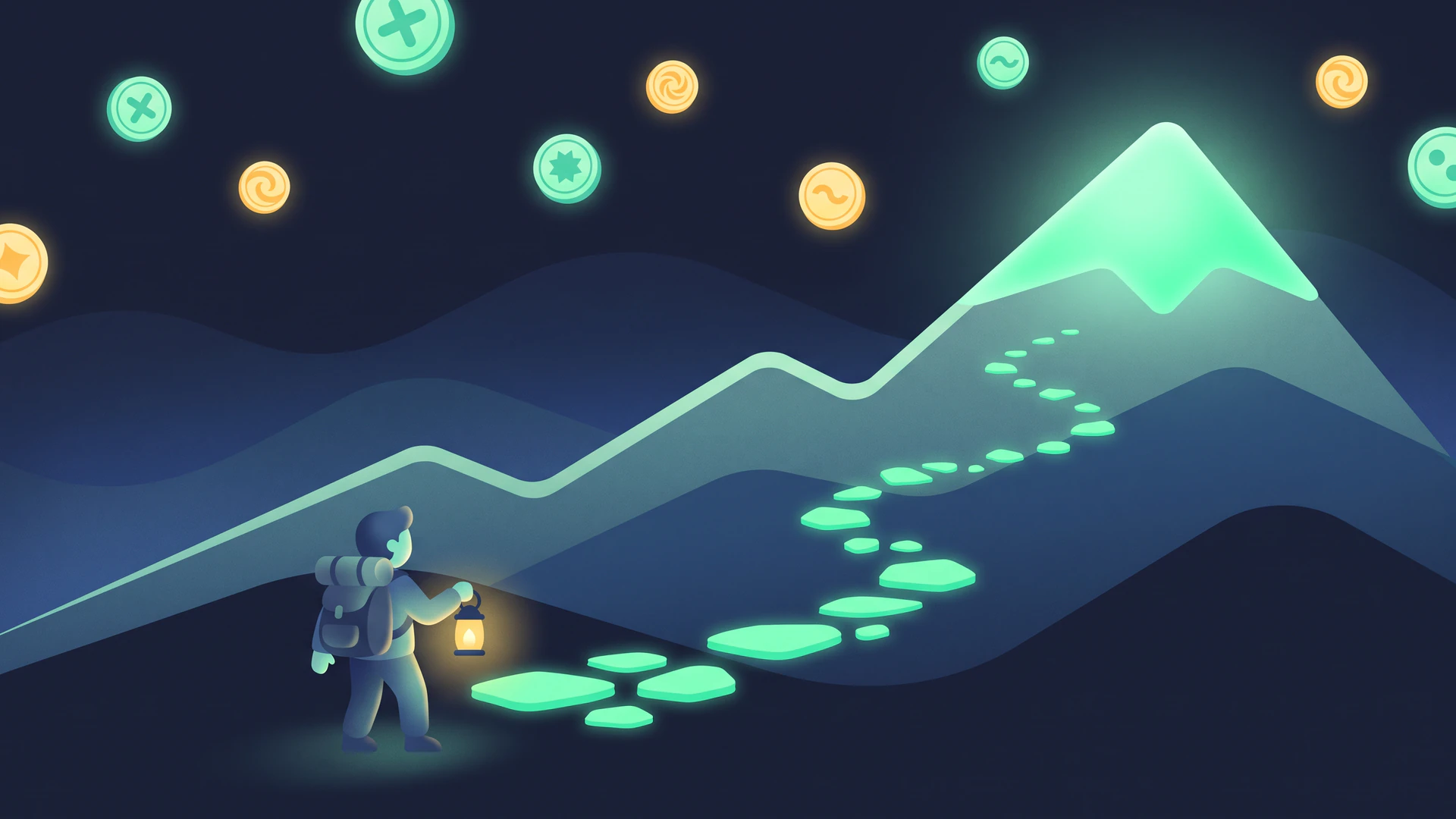 A small explorer with a backpack and a lantern stands at the start of a path of glowing stepping stones that winds up a dark hillside to a bright mint summit, with coins floating in the night sky like stars.