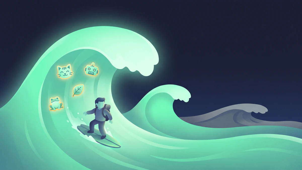 The explorer surfs a huge glowing mint wave with a cat, a robot, a leaf and a frog icon inside it; a smaller wave rises behind and an old grey wave fades in the distance.