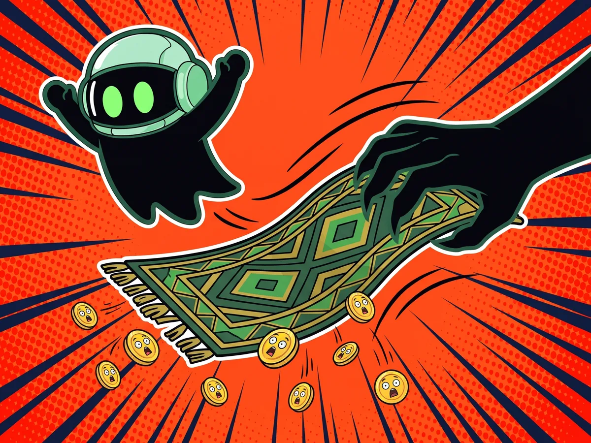 A big shadowy hand yanks a rug away, sending coins and two small people tumbling while the hand clutches a bulging sack.