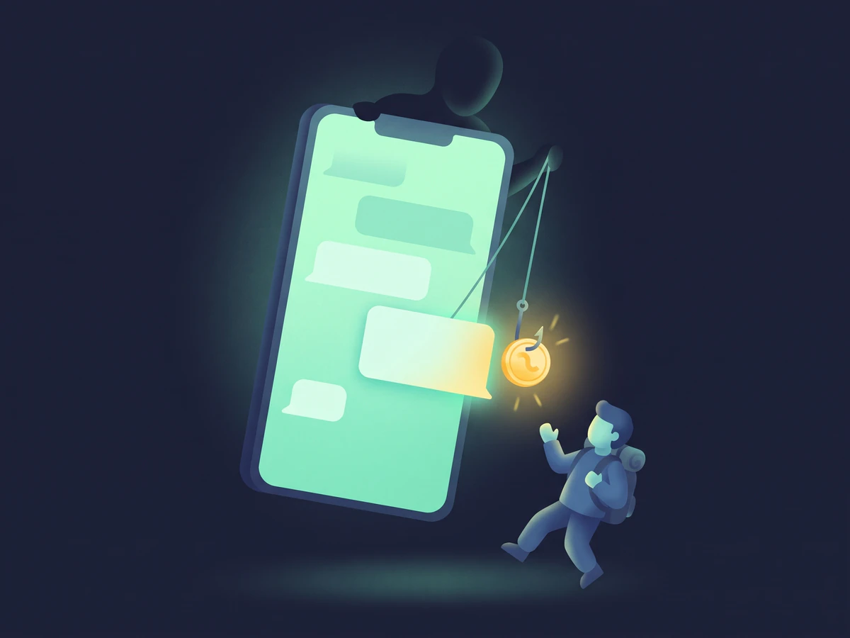 A shadowy figure hides behind a giant phone full of chat bubbles and dangles a gold coin on a fishing hook from the newest message; the explorer steps back with a hand raised.
