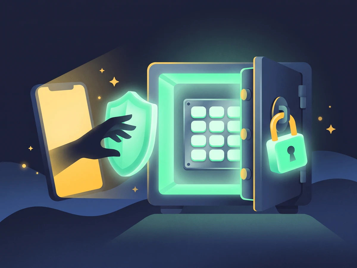 An open steel safe with a glowing padlock holds a metal plate of twelve blank tiles; a shadowy hand reaching out of a phone screen is blocked by a mint shield.