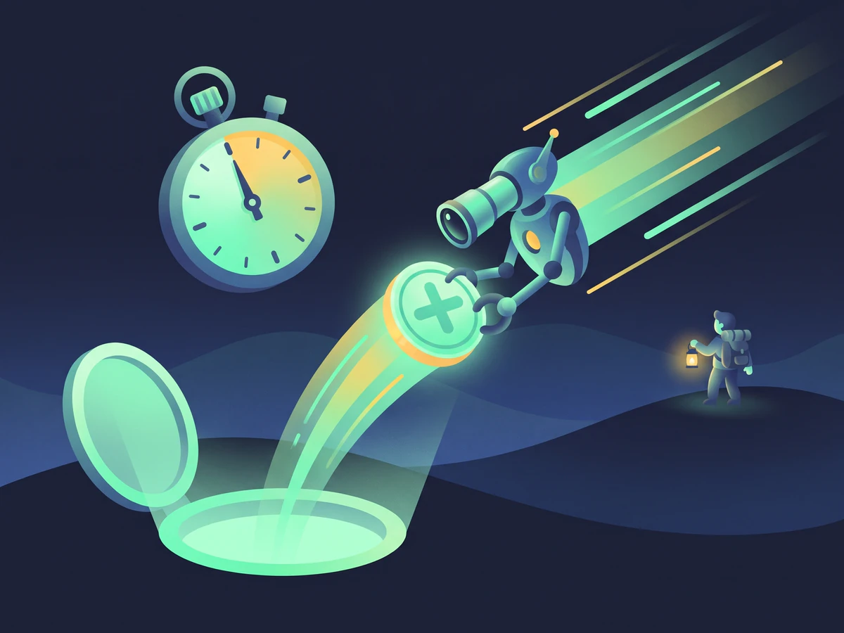 A new coin springs out of a launch hatch and a fast robot grabs it in the same instant, while the explorer arrives far behind.